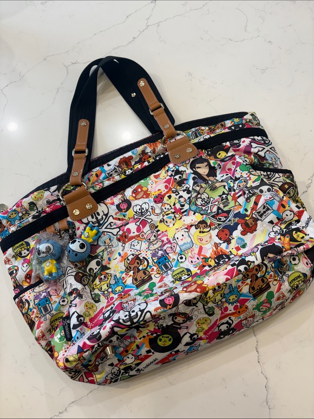 tokidoki Multicolor Character Print Tote with Black Handles and Tan Accents